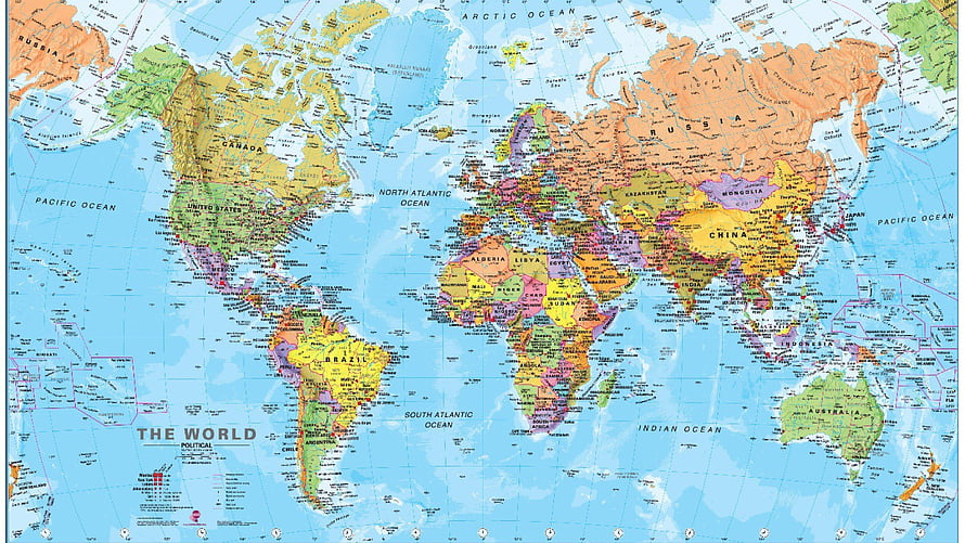 Detailed Political World Map Showing Countries, Oceans, and Continents in Color HD wallpaper