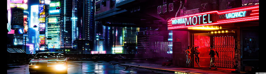 Neon-lit Cyberpunk City Street with Retro Car and No-Tell Motel at Night HD wallpaper