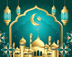 Golden Islamic Mosque Silhouette with Crescent Moon and Hanging Lanterns HD wallpaper