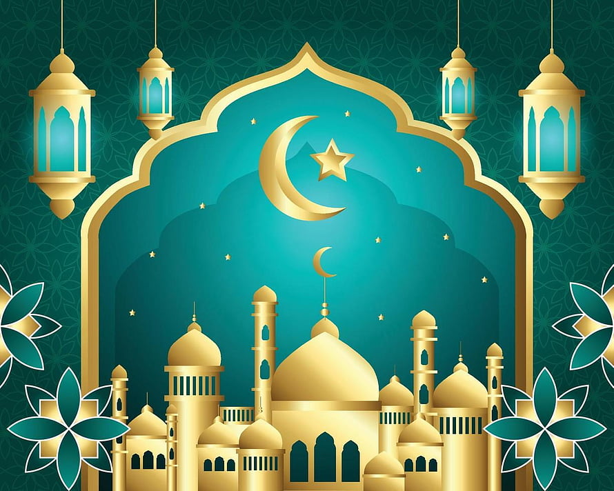 Golden Islamic Mosque Silhouette with Crescent Moon and Hanging Lanterns HD wallpaper