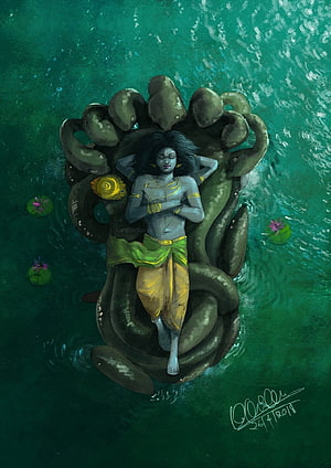 Lord Shiva Resting on Coiled Serpent in Green Waters Digital Art HD phone wallpaper