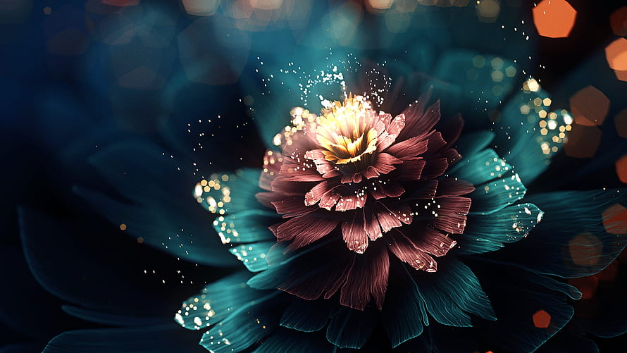 Magical Glowing Flower with Golden Sparkles and Teal Petals HD wallpaper