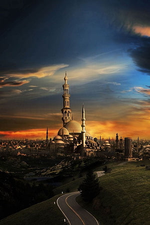 Sultan Ahmed Mosque in Istanbul at Sunset with Winding Road HD phone wallpaper