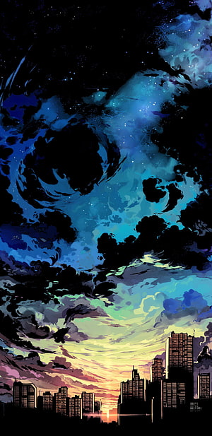 Anime Style Cityscape Under Swirling Cosmic Sky With Sunset Horizon HD phone wallpaper