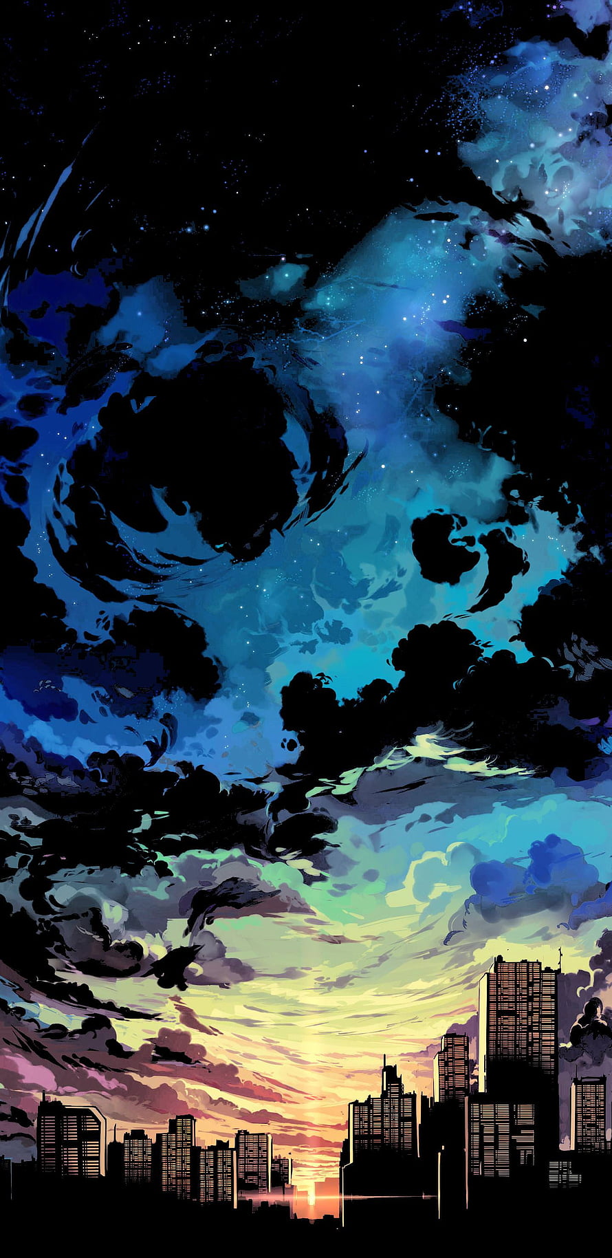 Anime Style Cityscape Under Swirling Cosmic Sky With Sunset Horizon HD phone wallpaper