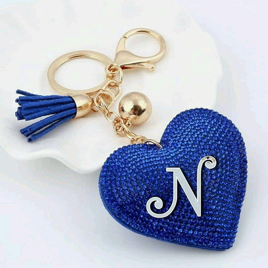 Blue Rhinestone Heart Keychain with Silver Letter N Initial and Gold Tassel Charm HD phone wallpaper