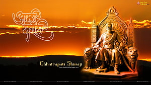 Chhatrapati Shivaji Maharaj Sitting on Throne with Lions at Sunset HD wallpaper