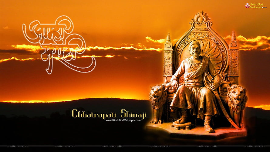 Chhatrapati Shivaji Maharaj Sitting on Throne with Lions at Sunset HD wallpaper