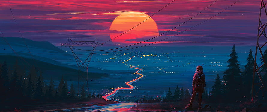 Lone Traveler Gazing at Neon Sunset Over a Winding Highway and Distant City Lights HD wallpaper