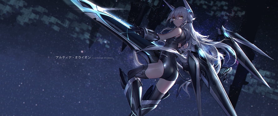 Altina Orion in Black Mecha Suit with Glowing Wings in Space HD wallpaper