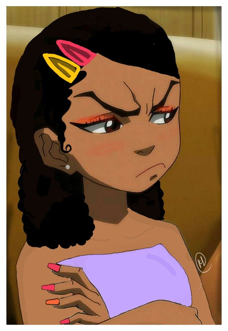 Angry Black Girl Cartoon Portrait with Hair Clips and Purple Top HD phone wallpaper