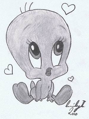 Cute Pencil Sketch of Tweety Bird with Hearts and Signature HD phone wallpaper