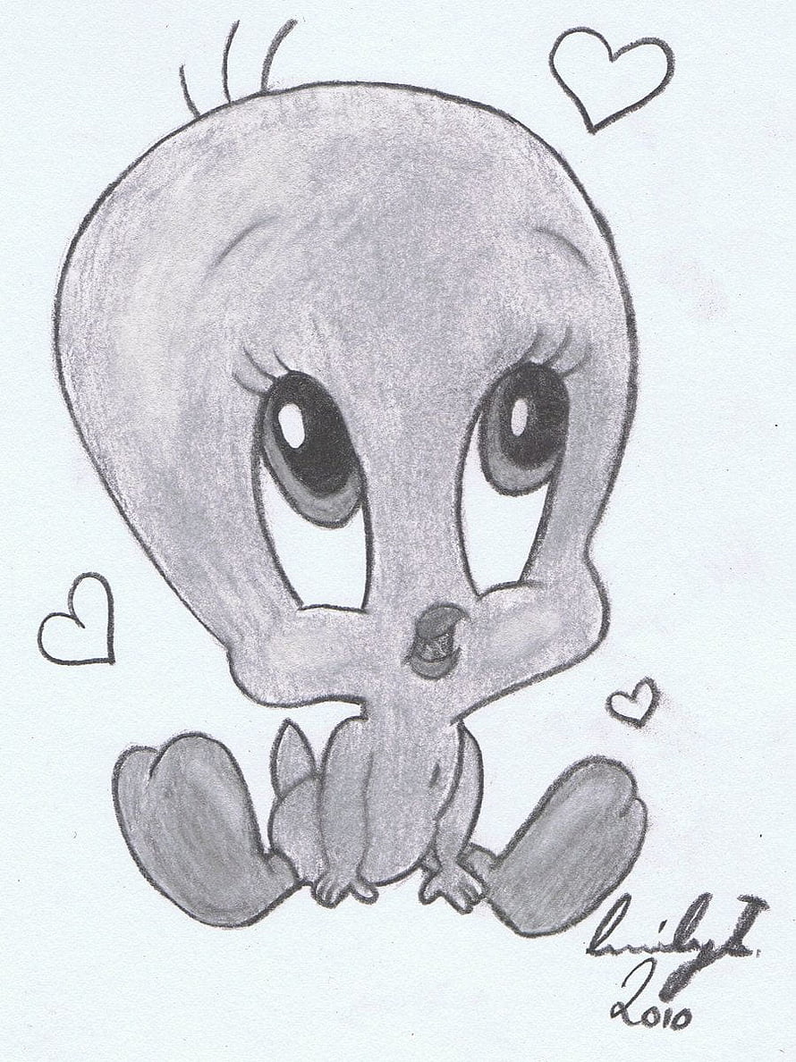 Cute Pencil Sketch of Tweety Bird with Hearts and Signature HD phone wallpaper