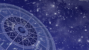 Celestial Astrology Wheel with Zodiac Symbols Against a Starry Night Sky HD wallpaper