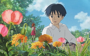 Studio Ghibli Anime Scene With Boy And Girl In A Vibrant Flower Meadow HD wallpaper