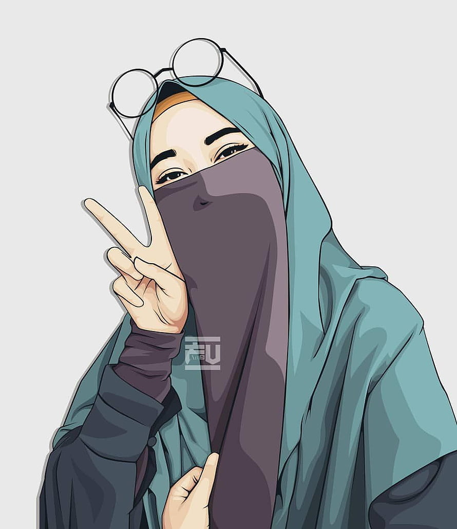 Anime Style Illustration of a Woman in a Teal Hijab and Niqab Making a Peace Sign, vector, aesthetic hijab girl anime HD phone wallpaper