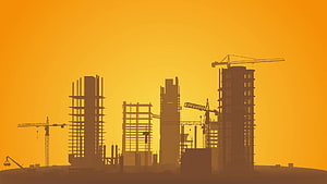 Silhouetted City Construction Site with Tower Cranes Against Golden Sunset Sky HD wallpaper