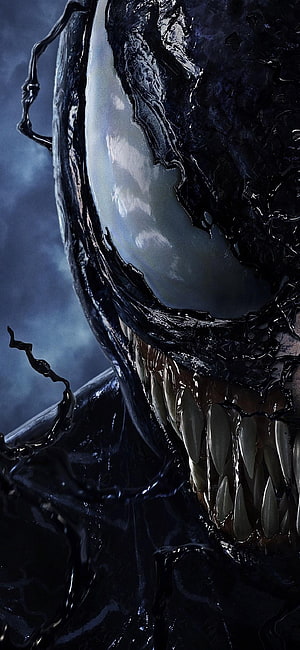 Venom Close-Up Portrait with Glowing Eyes and Sharp Teeth HD phone wallpaper
