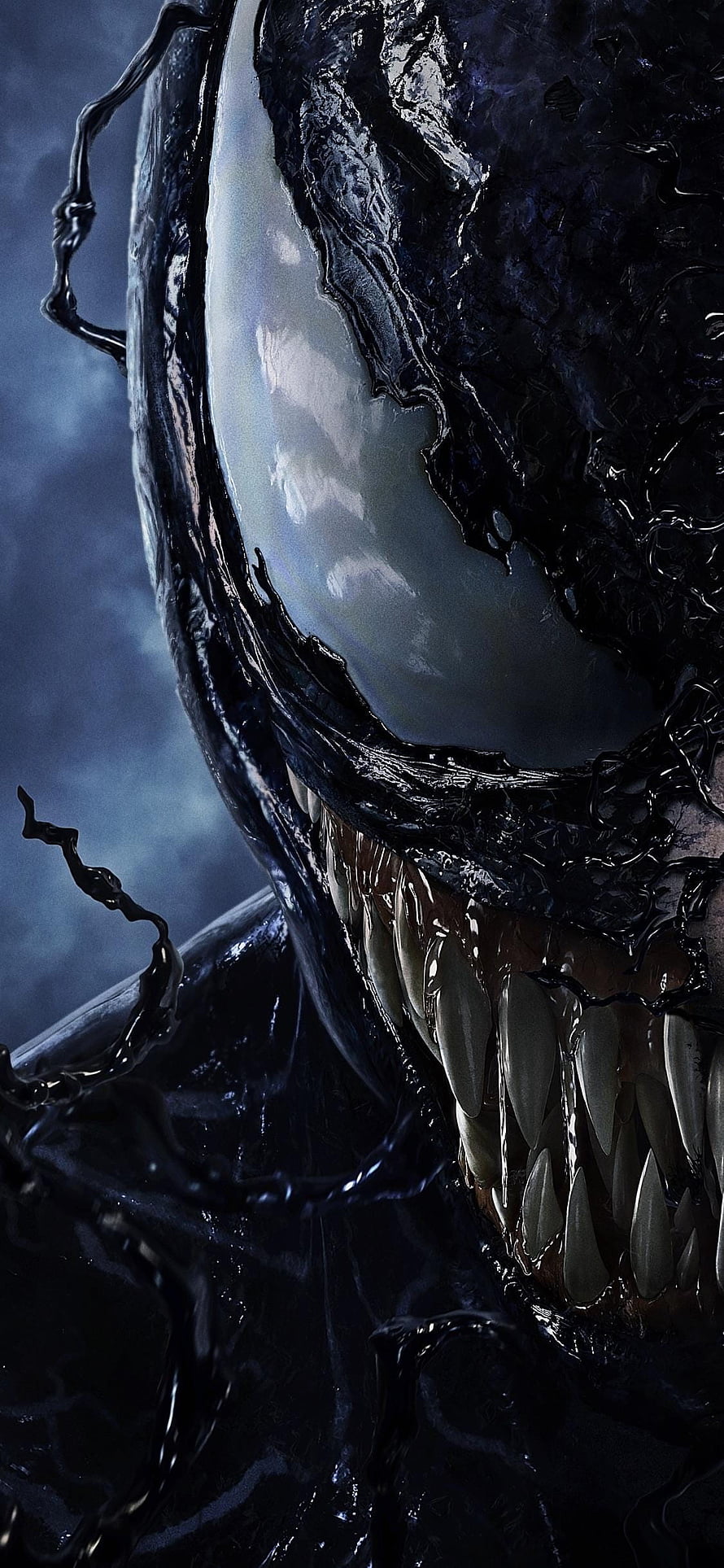 Venom Close-Up Portrait with Glowing Eyes and Sharp Teeth HD phone wallpaper