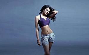 Woman in Purple Crop Top and Denim Shorts Posing Against Blue Background, Kajal Agarwal Navel Hot, #kajal agarwal navel HD wallpaper