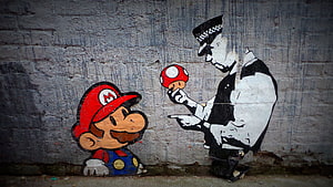 Banksy Street Art Mural Featuring Mario and a Policeman Offering a Mushroom, banksy backgrounds Group with 66 items, banksy graffiti HD wallpaper