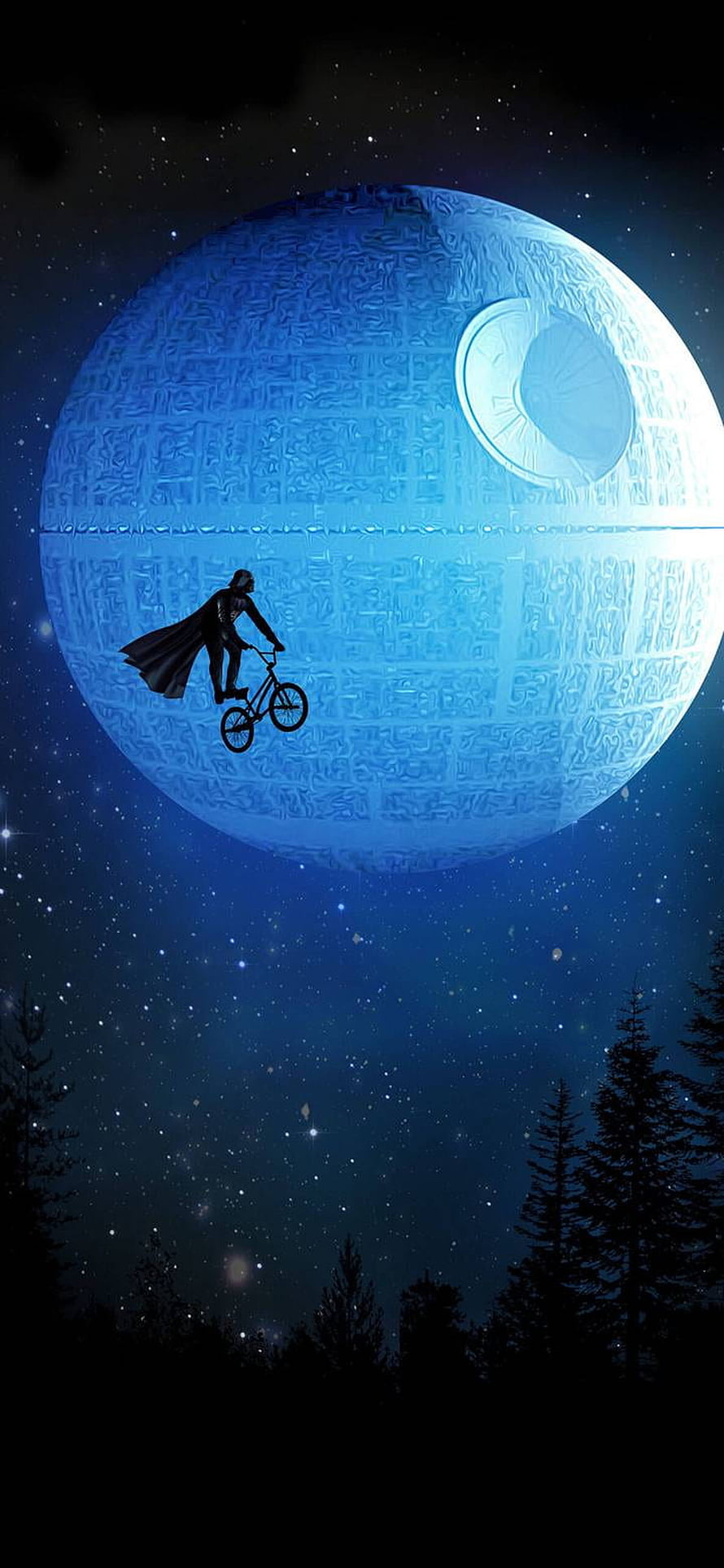 Darth Vader Riding a Bicycle in Front of the Death Star Under a Starry Night Sky HD phone wallpaper