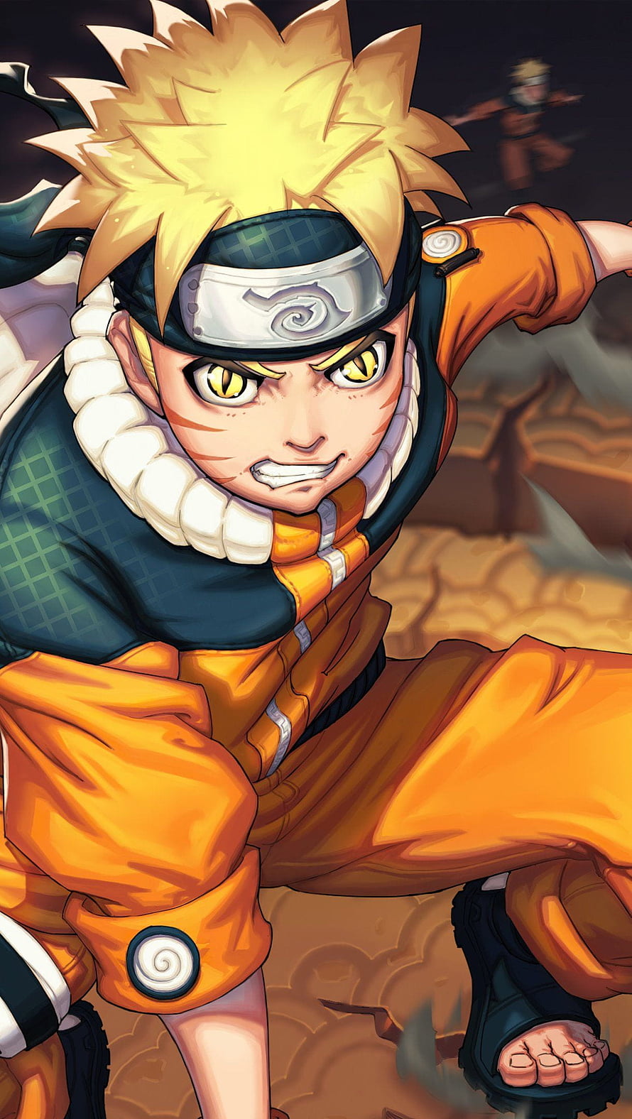 Naruto Uzumaki in Dynamic Combat Pose with Orange Jumpsuit and Headband HD phone wallpaper
