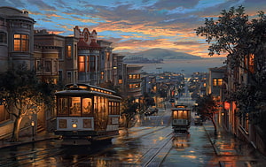 San Francisco Cable Cars Descending a Steep Hill at Sunset with Wet Street Reflections HD wallpaper