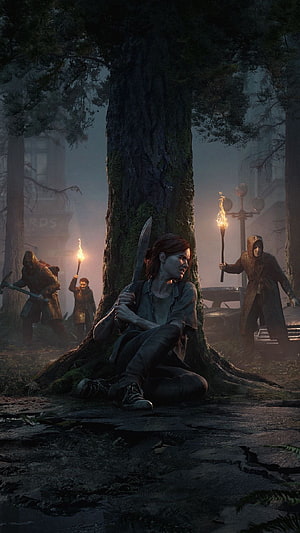 The Last of Us Part 2: Ellie Defends Against Hooded Raiders in a Dark Forest HD phone wallpaper