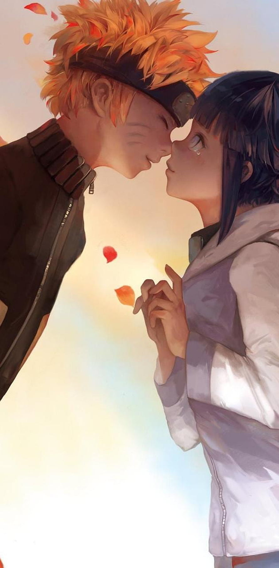 Naruto and Hinata sharing a tender moment with falling leaves HD phone wallpaper