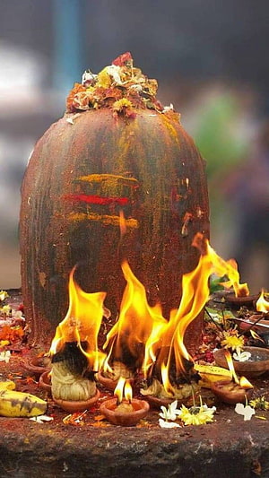Sacred Shivalinga adorned with marigold petals and surrounded by burning oil lamps HD phone wallpaper