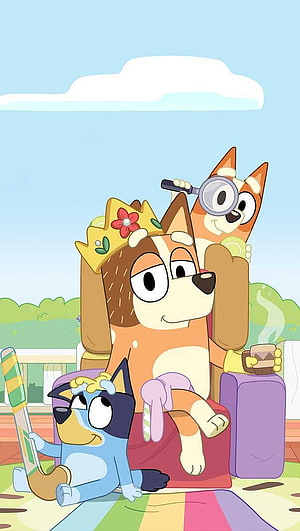 Bluey, Bingo, and Bandit relaxing together in a colorful animated scene HD phone wallpaper