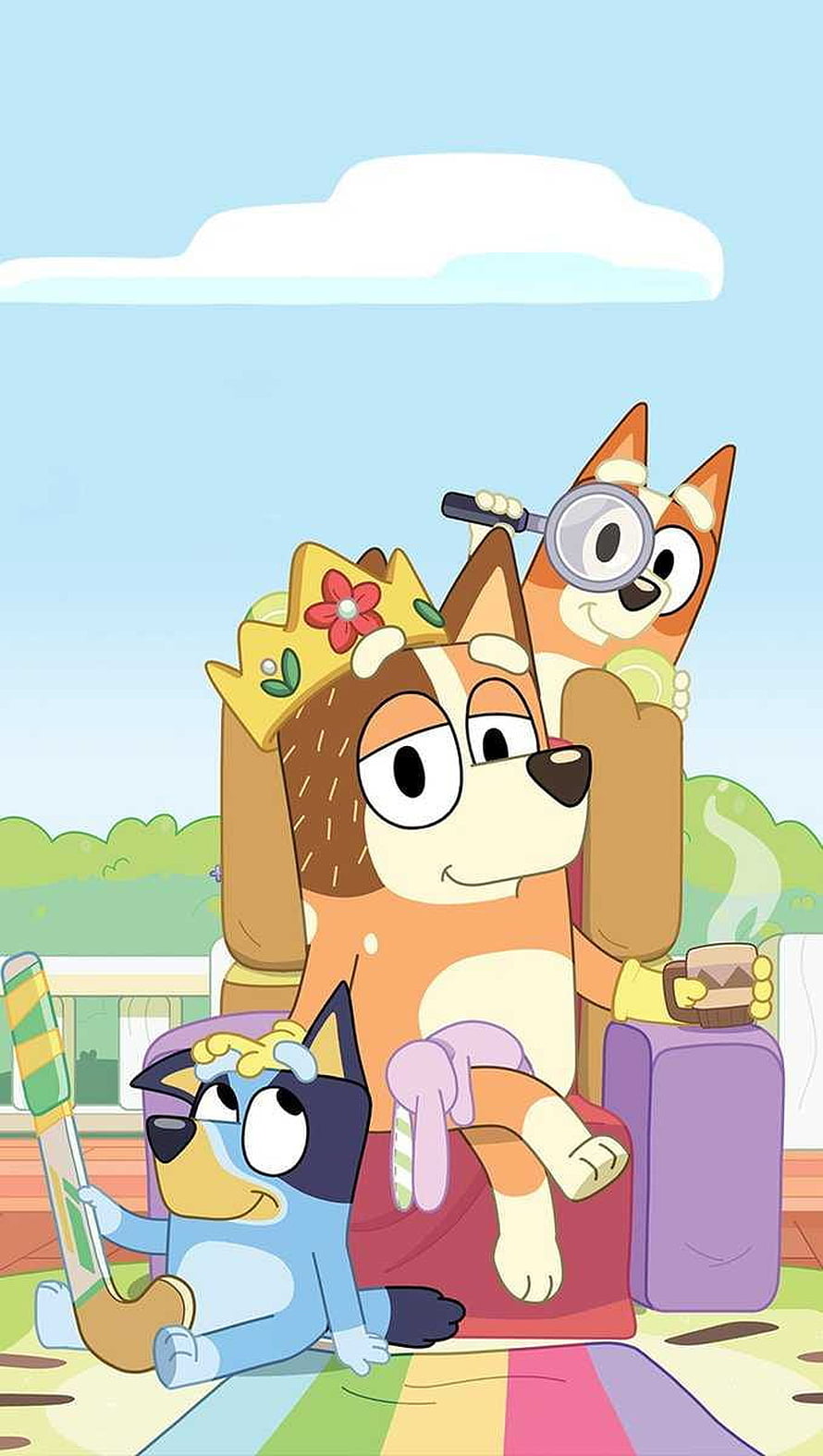 Bluey, Bingo, and Bandit relaxing together in a colorful animated scene HD phone wallpaper