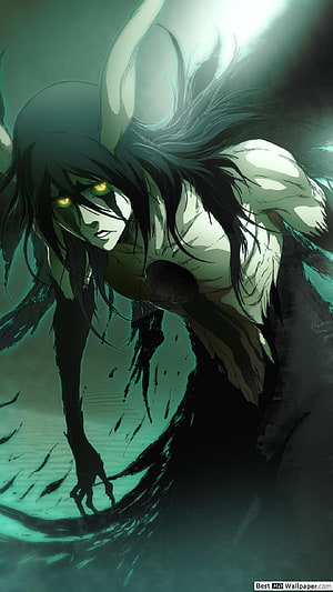 Ulquiorra Cifer from Bleach in a dark, ethereal pose with glowing yellow eyes and flowing black hair HD phone wallpaper