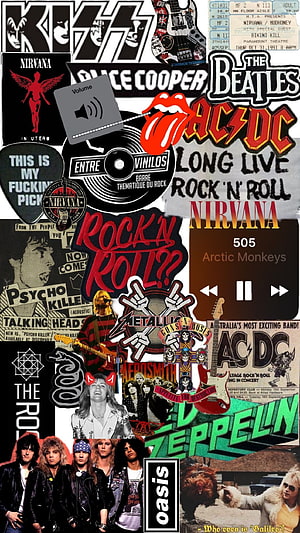 Classic Rock Band Logo Collage with Kiss, Nirvana, ACDC, Beatles, Metallica, Guns N Roses, Led Zeppelin, Oasis, Aerosmith, Pink Floyd, Alice Cooper, Talking Heads, Arctic Monkeys HD phone wallpaper