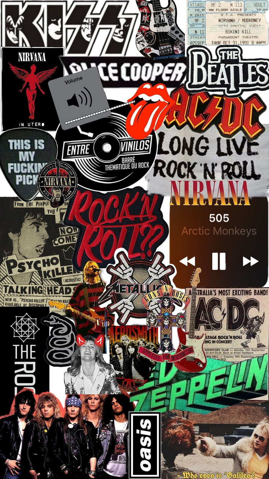 Classic Rock Band Logo Collage with Kiss, Nirvana, ACDC, Beatles, Metallica, Guns N Roses, Led Zeppelin, Oasis, Aerosmith, Pink Floyd, Alice Cooper, Talking Heads, Arctic Monkeys HD phone wallpaper