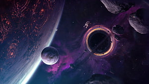 Astronaut Drifting Near Glowing Black Hole With Distant Planet and Asteroid Field HD wallpaper