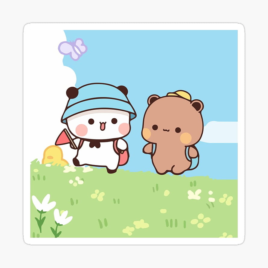Cute cartoon panda and bear characters hiking in a grassy field with flowers and a butterfly HD phone wallpaper