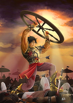 Muscular Warrior Holding Chariot Wheel Amidst Battlefield Sunset HD phone wallpaper