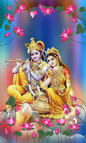 Krishna and Radha Playing Flute Amidst Lotus Flowers HD phone wallpaper
