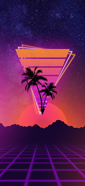 Retro Synthwave Sunset with Neon Grid, Palm Trees, and Geometric Triangle Over Starry Sky HD phone wallpaper