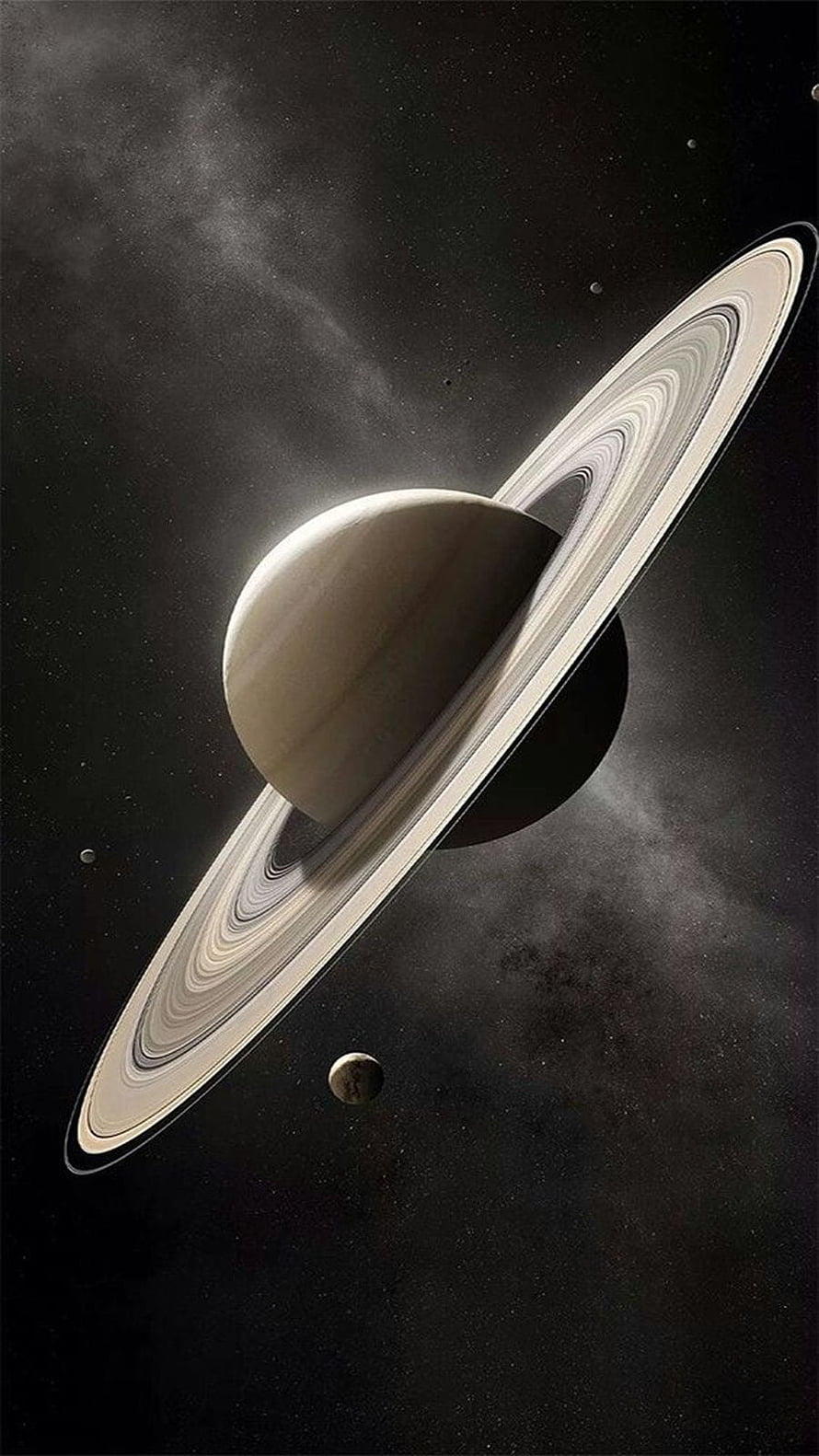 Saturn with detailed rings and a small moon set against a dark starry space background HD phone wallpaper