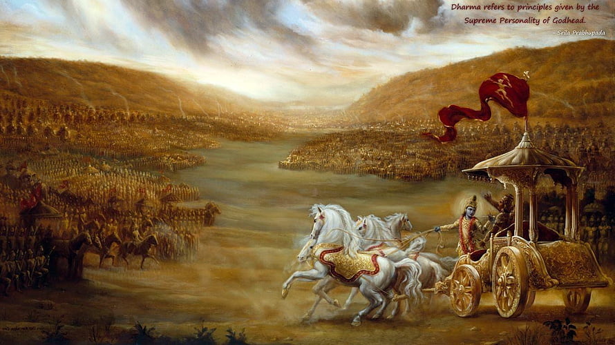 Krishna and Arjuna on the Chariot at the Battlefield of Kurukshetra HD wallpaper