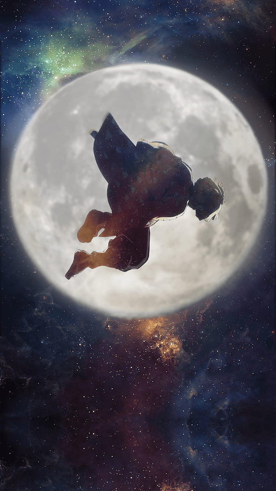 Silhouette of a figure floating in front of a giant full moon against a starry cosmic background HD phone wallpaper