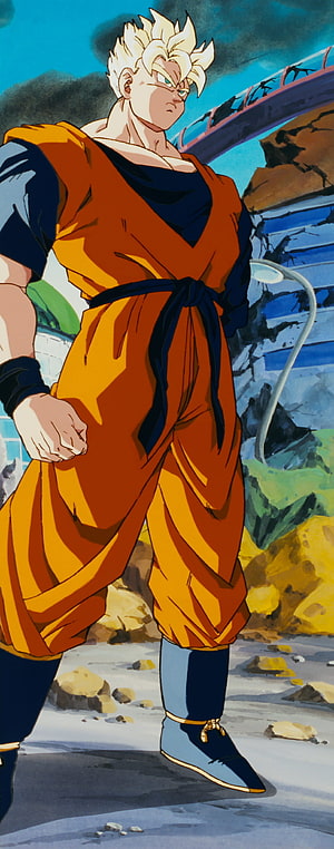Future Gohan Super Saiyan in Orange Gi Standing in a Ruined Battlefield HD phone wallpaper