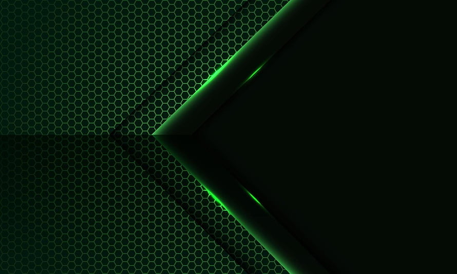 Futuristic Green Hexagonal Mesh with Glowing Arrow and Dark Negative Space HD wallpaper