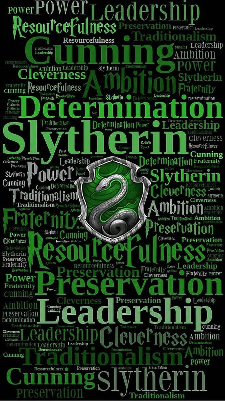 Slytherin House Word Cloud with Snake Crest and Green Typography on Black Background HD phone wallpaper