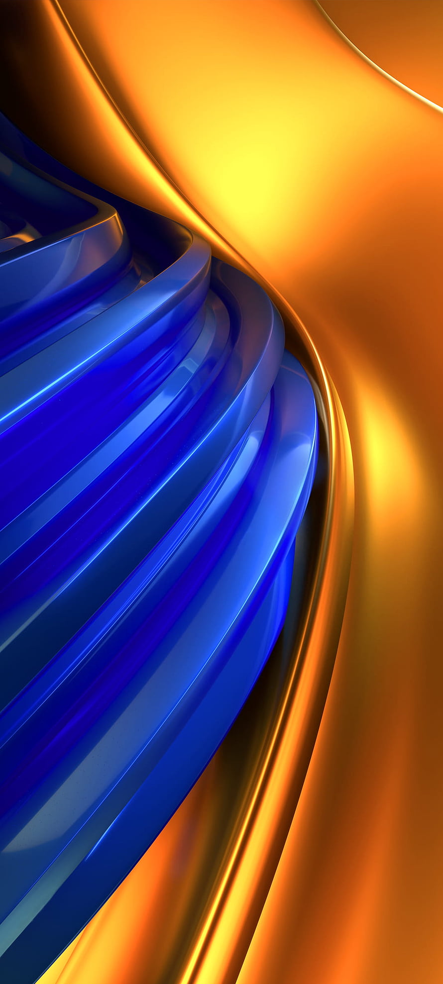 Poco F4 Abstract 3D Wallpaper with Flowing Blue and Gold Metallic Ribbons HD phone wallpaper