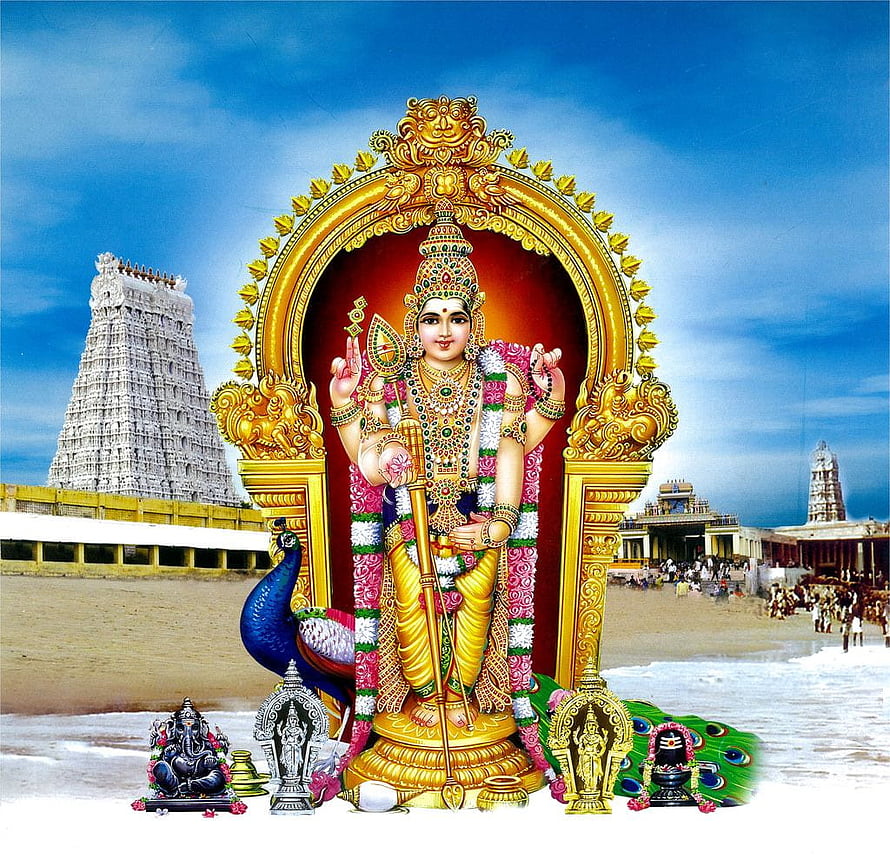 Lord Murugan Statue at Rameswaram Temple Beach with Peacock and Ganesha HD wallpaper
