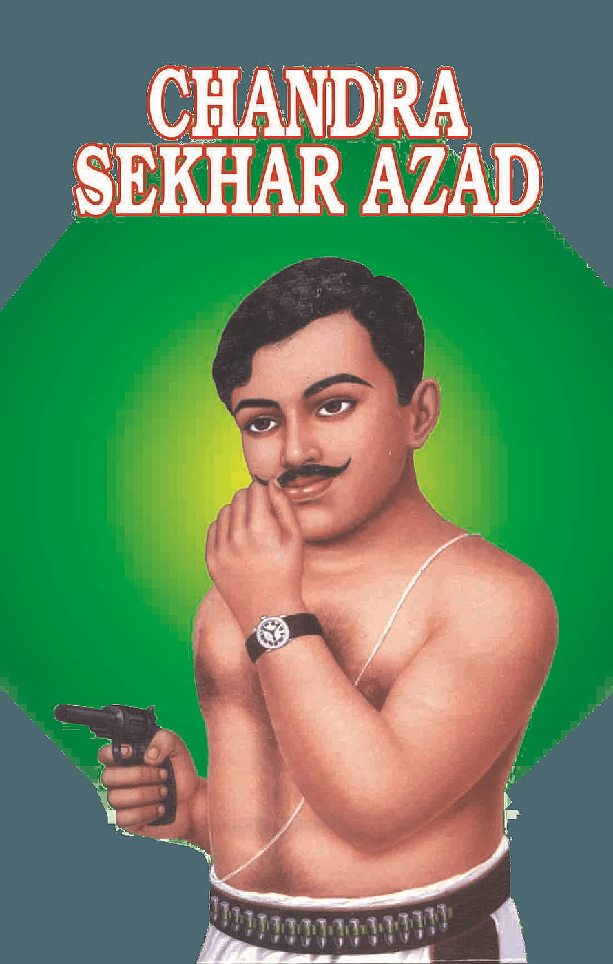 Chandra Shekhar Azad Portrait Illustration with Pistol and Green Background HD phone wallpaper